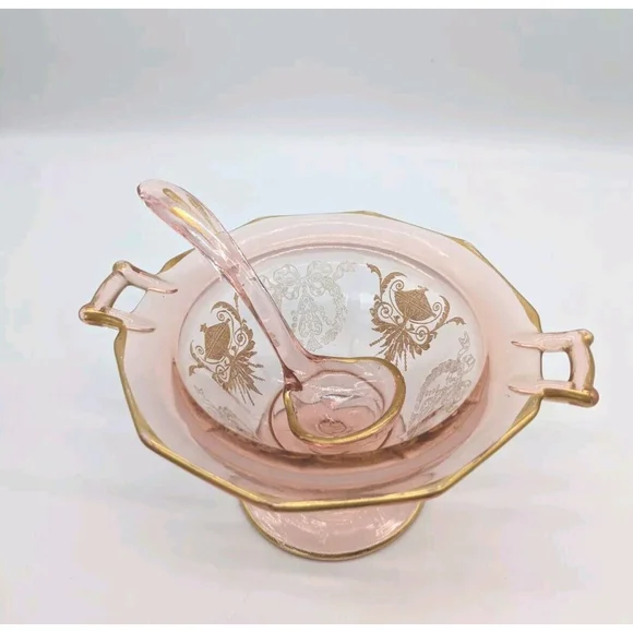 Pink Cambridge ? Gold Trim Mayonnaise Bowl and Ladle - Picture 9 of 9
